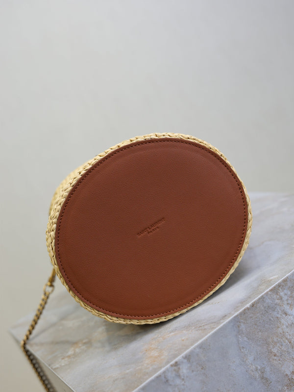 Prada Gaby Bucket 17cm Brown Beige Raffia Leather GHW