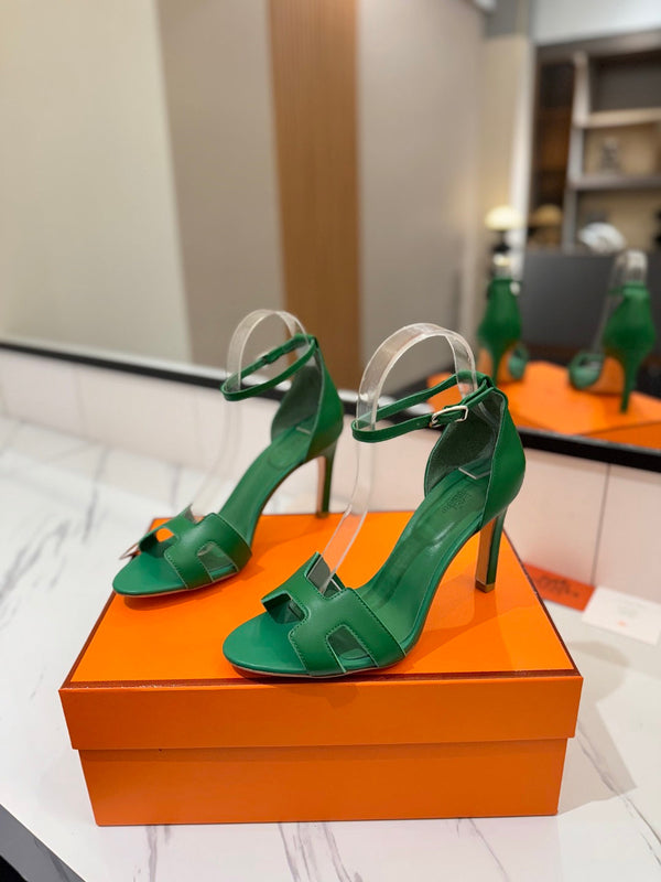 HM Joy 90mm Heeled Sandals Green Flat Cowhide 294920