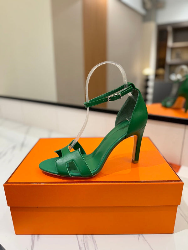 HM Joy 90mm Heeled Sandals Green Flat Cowhide 294920