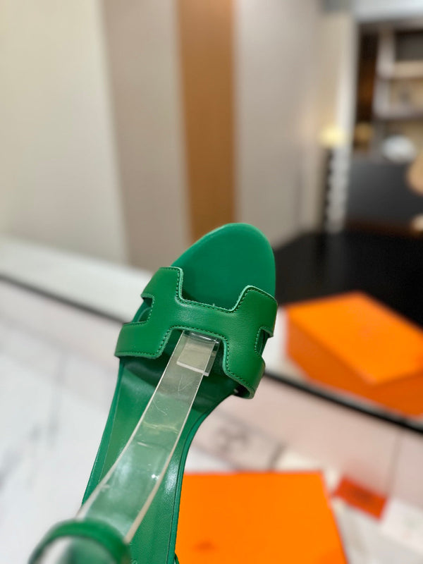 HM Joy 90mm Heeled Sandals Green Flat Cowhide 294920