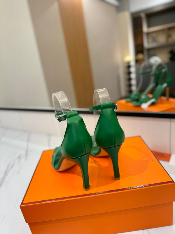 HM Joy 90mm Heeled Sandals Green Flat Cowhide 294920