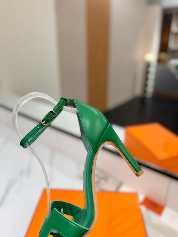 HM Joy 90mm Heeled Sandals Green Flat Cowhide 294920