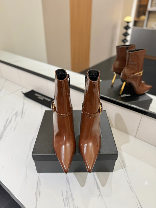 YSL 25 Metal Stiletto Martin Boots Brown Gold Cowhide 520780