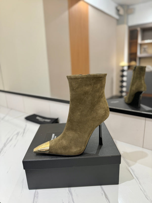 YSL 25 Metal Toe Short Boot Olive Green Gold Suede 520785