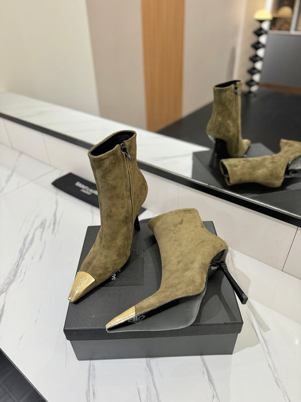 YSL 25 Metal Toe Short Boot Olive Green Gold Suede 520785