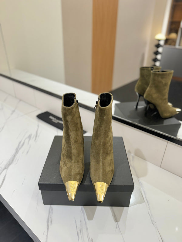YSL 25 Metal Toe Short Boot Olive Green Gold Suede 520785