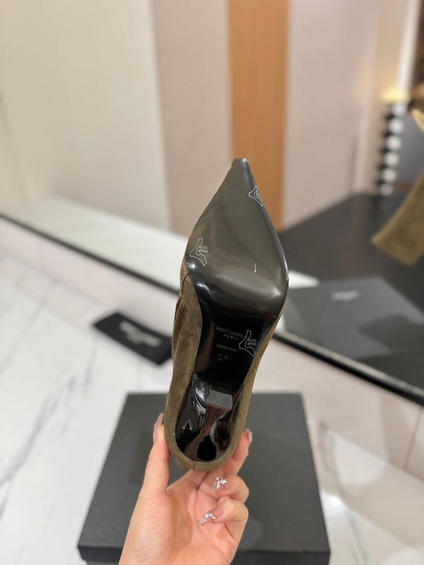 YSL 25 Metal Toe Short Boot Olive Green Gold Suede 520785