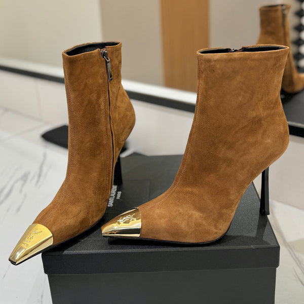 YSL 25 Metal Toe Short Boot Brown Gold Suede 520786