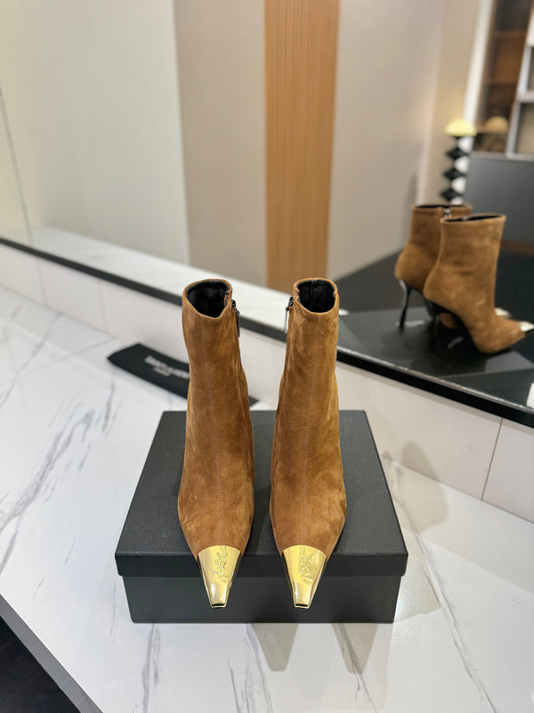 YSL 25 Metal Toe Short Boot Brown Gold Suede 520786