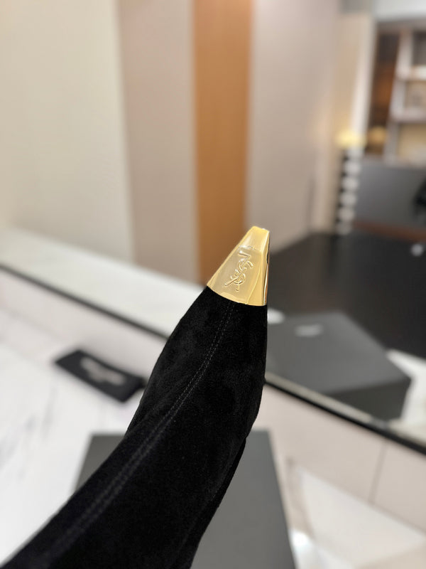 YSL 25 Metal Toe Short Boot Black Gold Suede 520787