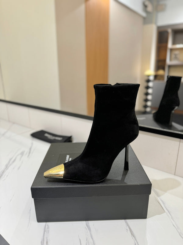YSL 25 Metal Toe Short Boot Black Gold Suede 520787