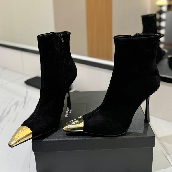 YSL 25 Metal Toe Short Boot Black Gold Suede 520787
