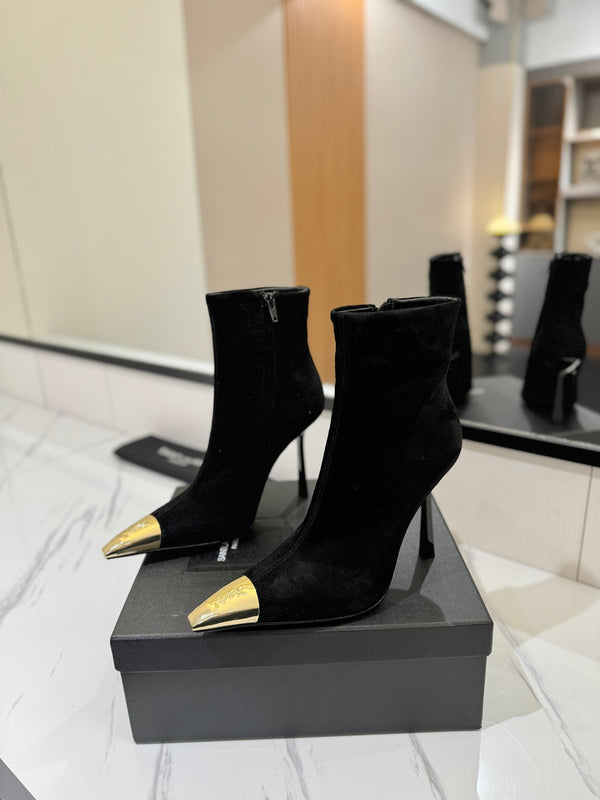 YSL 25 Metal Toe Short Boot Black Gold Suede 520787