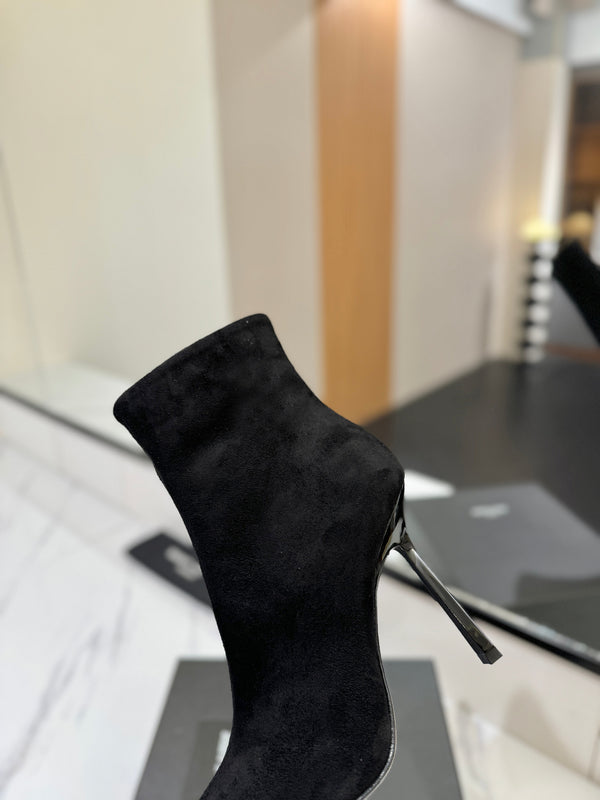 YSL 25 Metal Toe Short Boot Black Gold Suede 520787