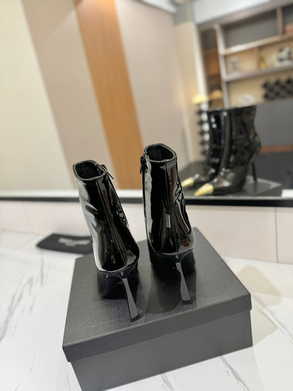 YSL 25 Metal Toe Short Boot Black Gold Patent Leather 520788