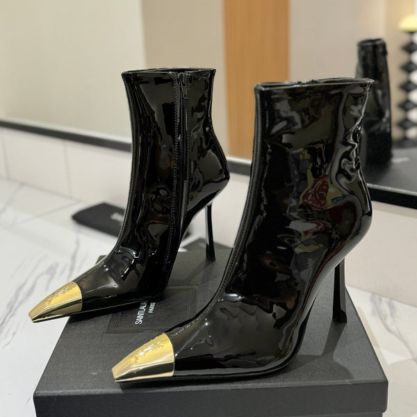 YSL 25 Metal Toe Short Boot Black Gold Patent Leather 520788