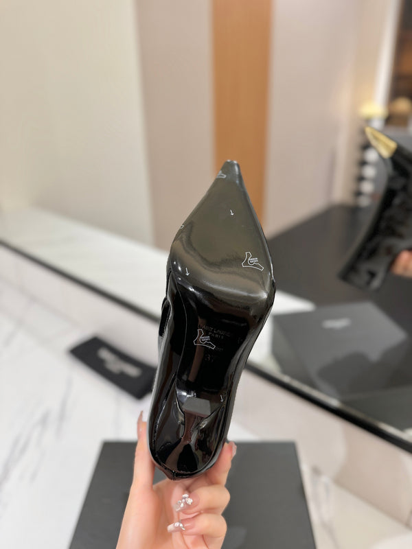 YSL 25 Metal Toe Short Boot Black Gold Patent Leather 520788