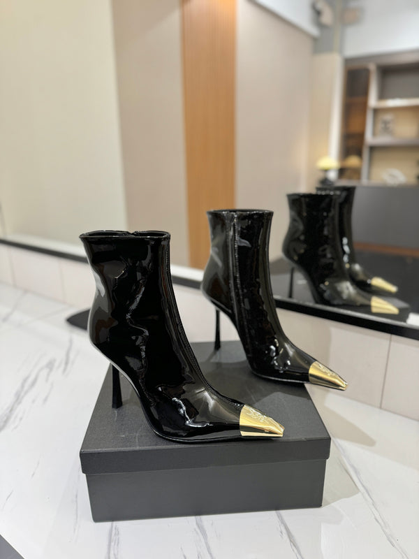 YSL 25 Metal Toe Short Boot Black Gold Patent Leather 520788