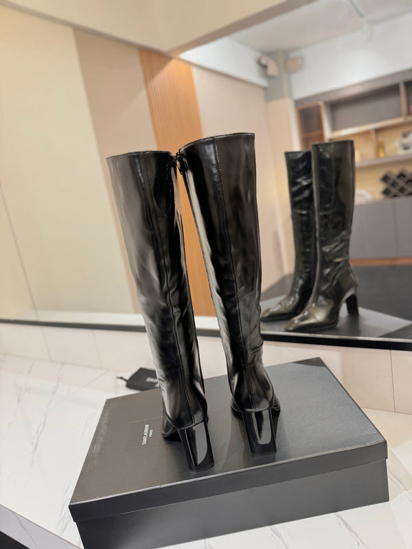 YSL 25 Zipper Sleeve Boot Black Patent Cowhide 520791
