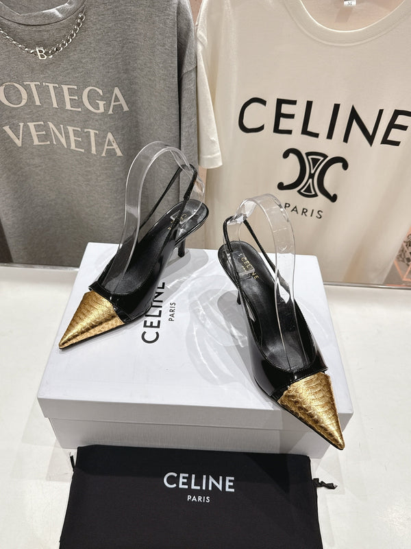 Celine 25C Slingback Pump Black mix Gold Sheepskin 236771