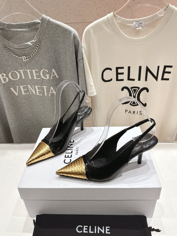 Celine 25C Slingback Pump Black mix Gold Sheepskin 236771