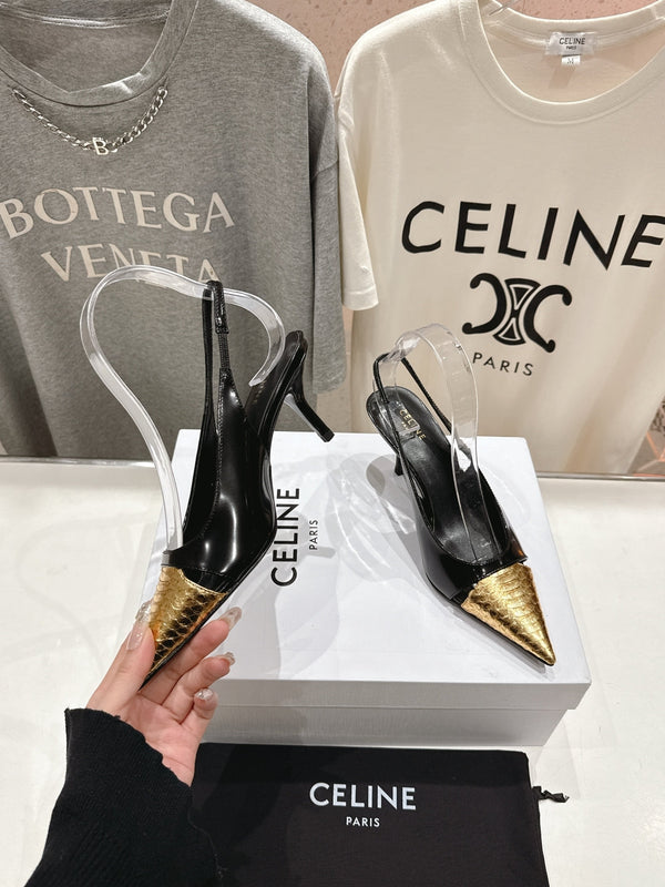 Celine 25C Slingback Pump Black mix Gold Sheepskin 236771