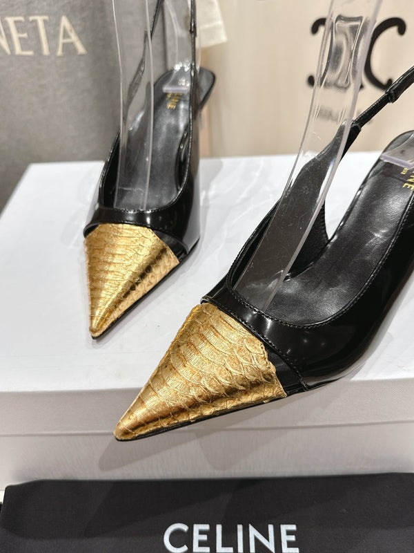 Celine 25C Slingback Pump Black mix Gold Sheepskin 236771