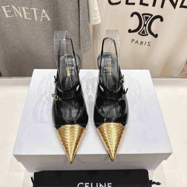 Celine 25C Judy Double Strap Mary Jane Slingback Black mix Gold Sheepskin 236775