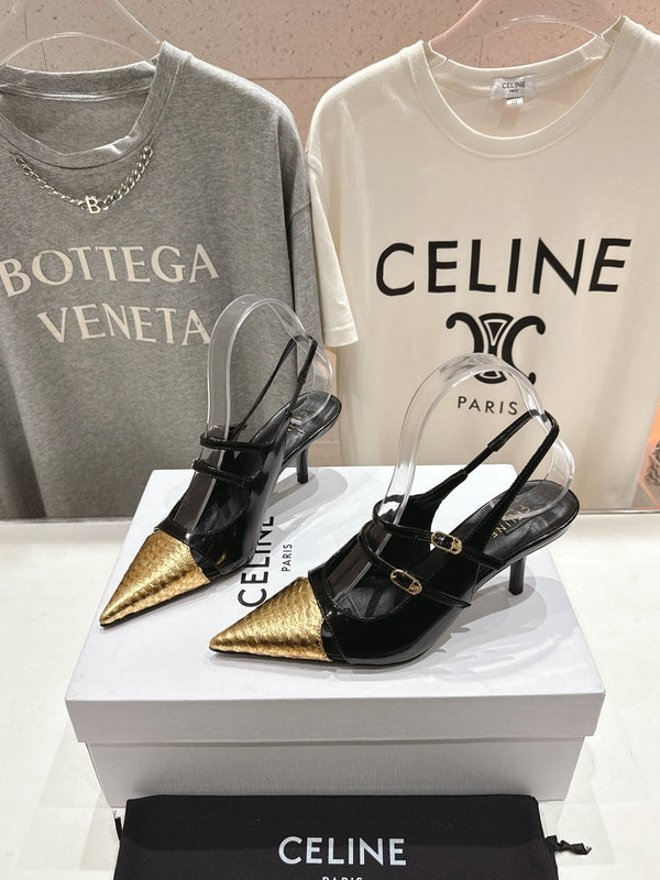 Celine 25C Judy Double Strap Mary Jane Slingback Black mix Gold Sheepskin 236775