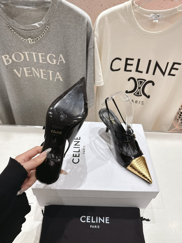 Celine 25C Judy Double Strap Mary Jane Slingback Black mix Gold Sheepskin 236775