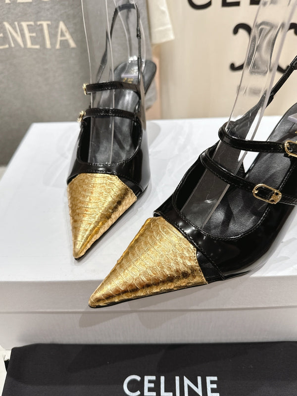 Celine 25C Judy Double Strap Mary Jane Slingback Black mix Gold Sheepskin 236775