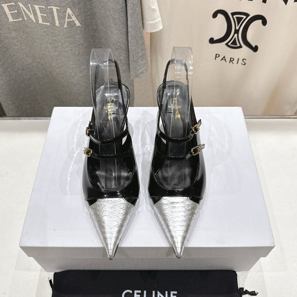 Celine 25C Judy Double Strap Mary Jane Slingback Black mix Silver Sheepskin 236776