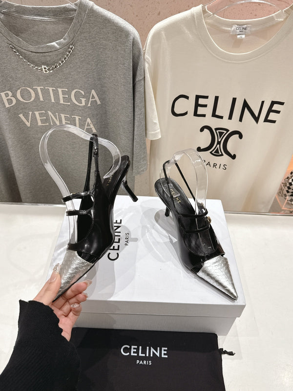 Celine 25C Judy Double Strap Mary Jane Slingback Black mix Silver Sheepskin 236776