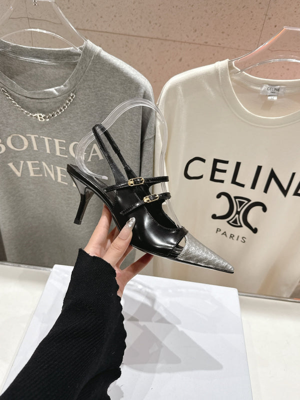 Celine 25C Judy Double Strap Mary Jane Slingback Black mix Silver Sheepskin 236776