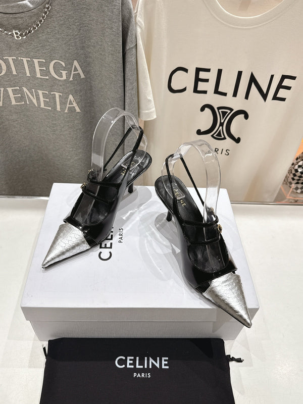 Celine 25C Judy Double Strap Mary Jane Slingback Black mix Silver Sheepskin 236776