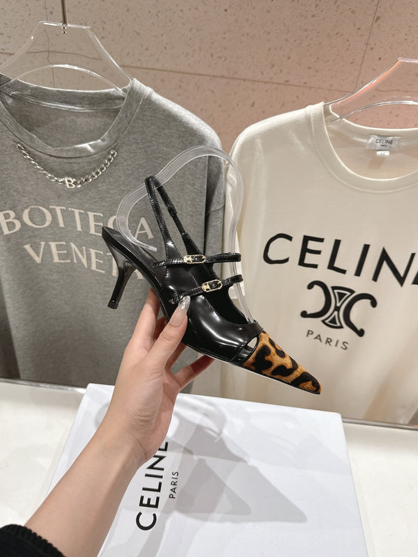 Celine 25C Judy Double Strap Mary Jane Slingback Black mix Brown Sheepskin 236777