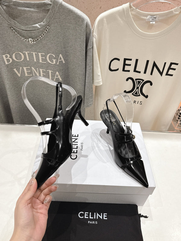 Celine 25C Judy Double Strap Mary Jane Slingback Black Sheepskin 236778