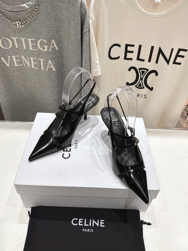 Celine 25C Judy Double Strap Mary Jane Slingback Black Sheepskin 236778
