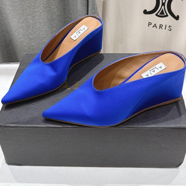Alaia 25 Cube Wedge Mules Blue Silk Sheepskin 300081