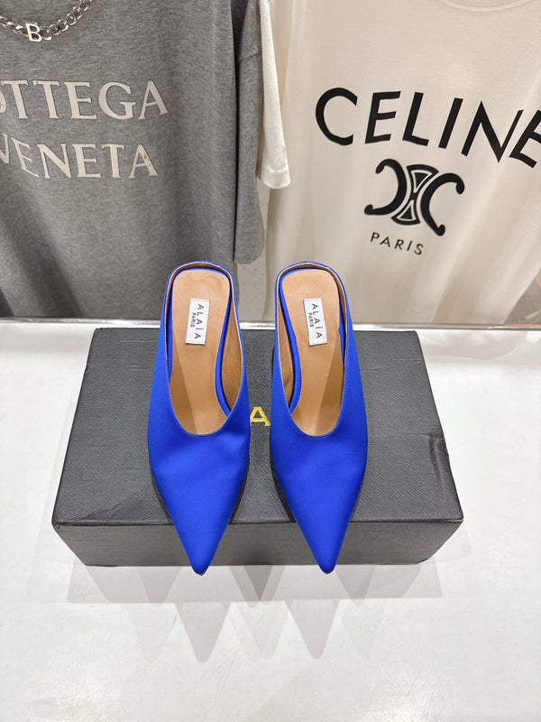 Alaia 25 Cube Wedge Mules Blue Silk Sheepskin 300081