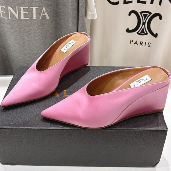 Alaia 25 Cube Wedge Mules Pink Silk Sheepskin 300082