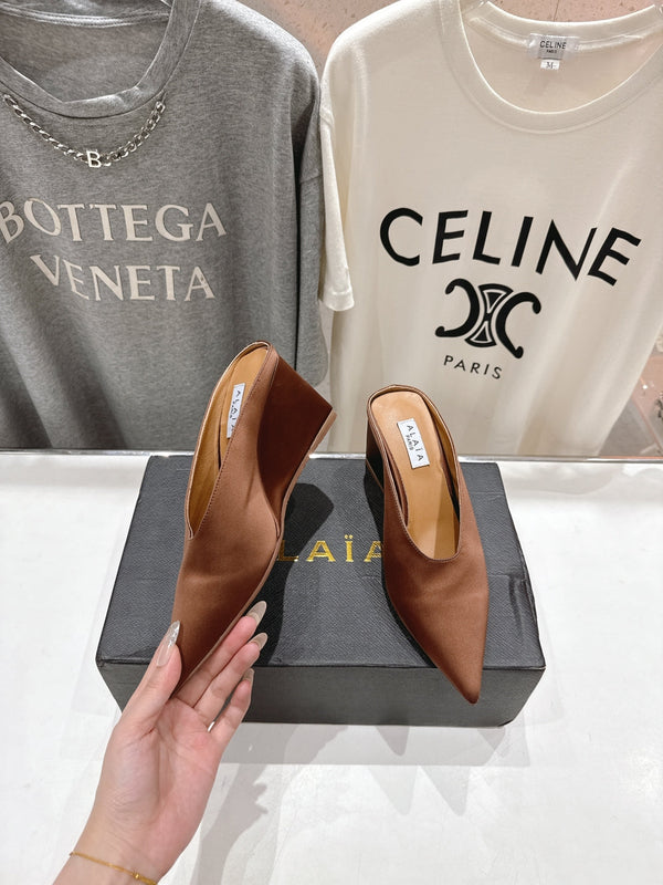 Alaia 25 Cube Wedge Mules Brown Silk Sheepskin 300083