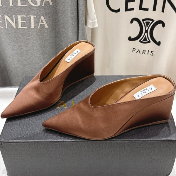 Alaia 25 Cube Wedge Mules Brown Silk Sheepskin 300083