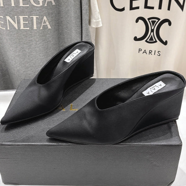 Alaia 25 Cube Wedge Mules Black Silk Sheepskin 300084
