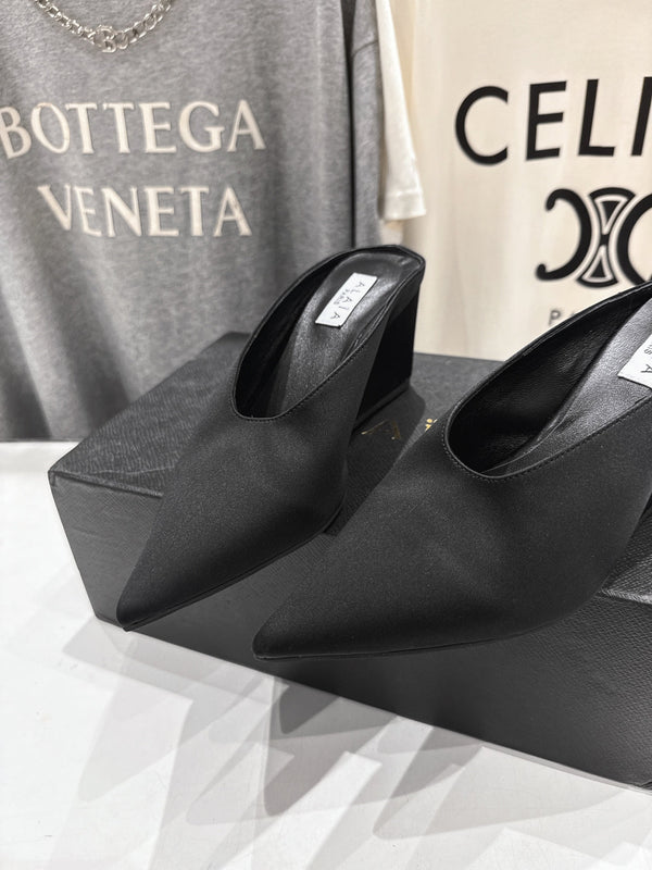 Alaia 25 Cube Wedge Mules Black Silk Sheepskin 300084