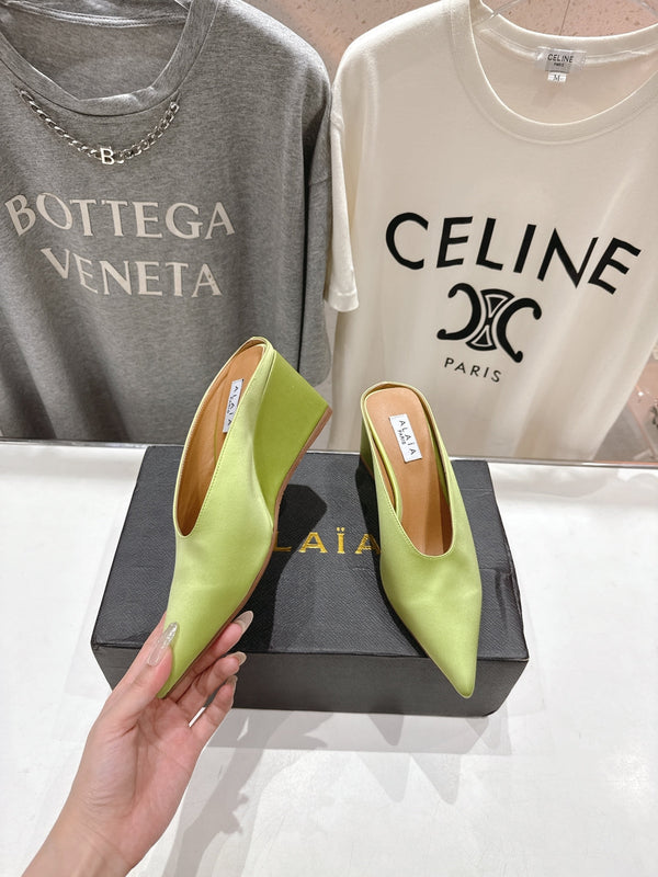Alaia 25 Cube Wedge Mules Avocado Green Silk Sheepskin 300085