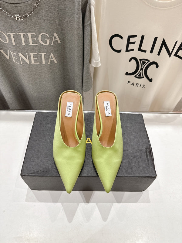 Alaia 25 Cube Wedge Mules Avocado Green Silk Sheepskin 300085