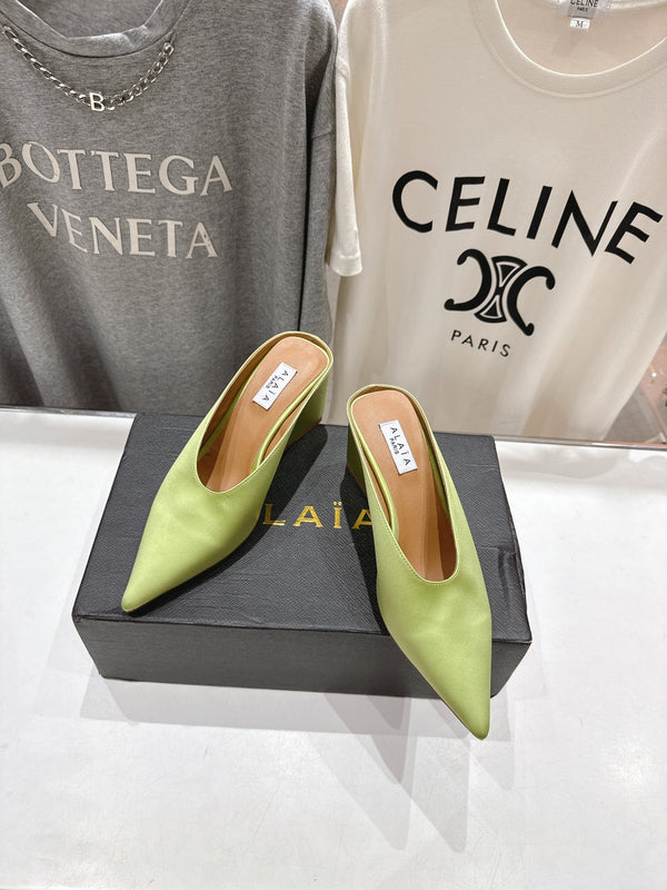 Alaia 25 Cube Wedge Mules Avocado Green Silk Sheepskin 300085