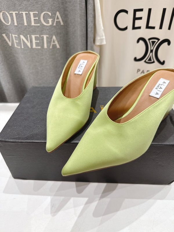 Alaia 25 Cube Wedge Mules Avocado Green Silk Sheepskin 300085