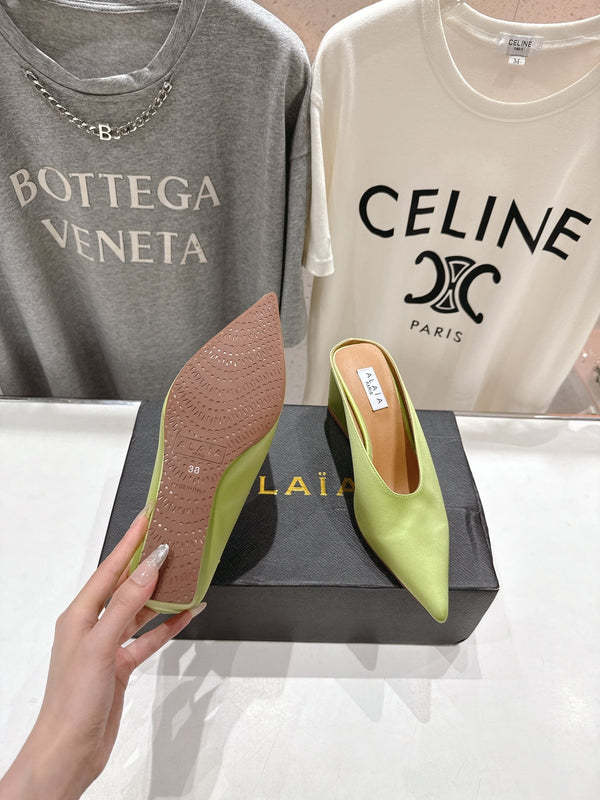 Alaia 25 Cube Wedge Mules Avocado Green Silk Sheepskin 300085